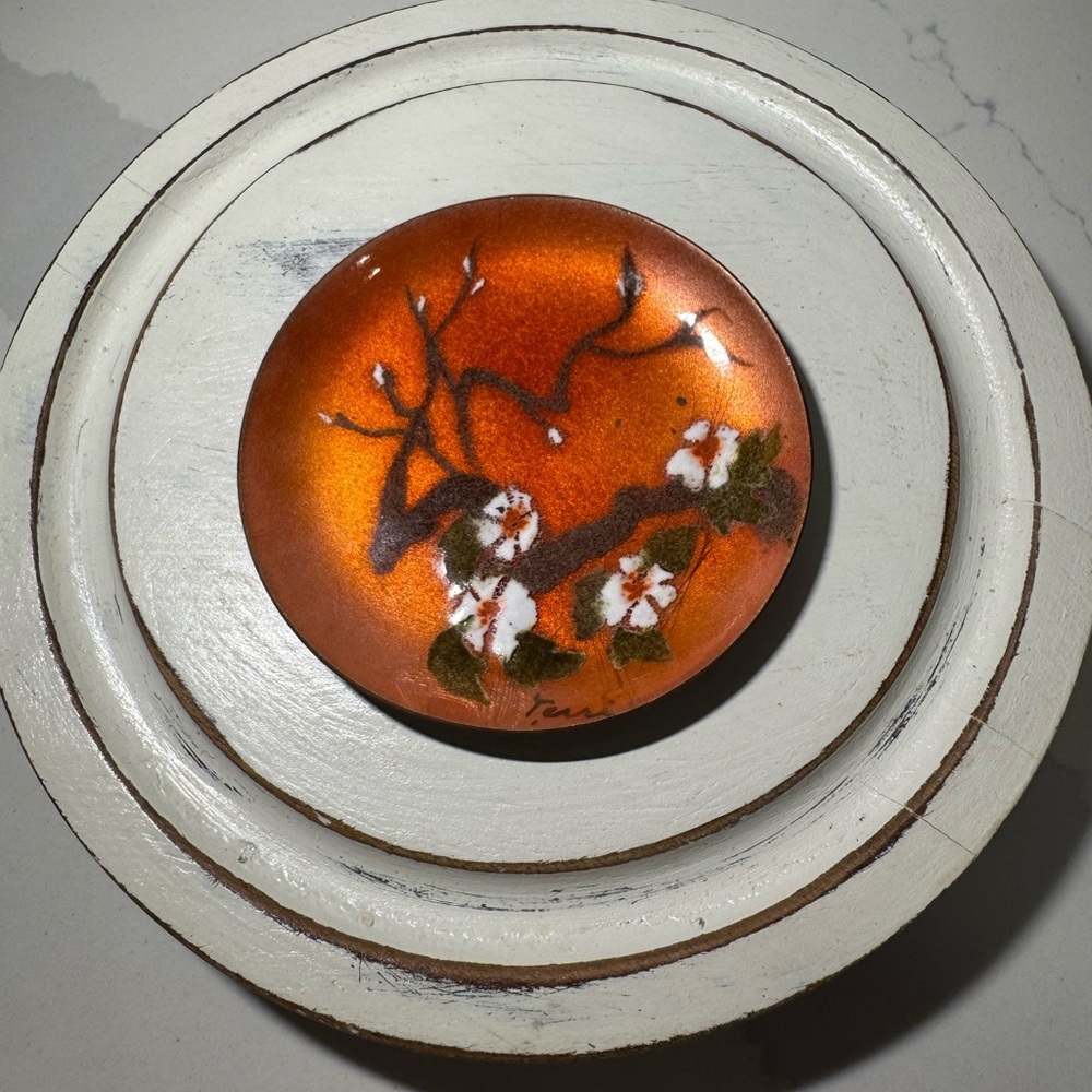 Terri Bovano Cheshire Orange Enamel Copper Plate Floral Mid Century Flower VTG